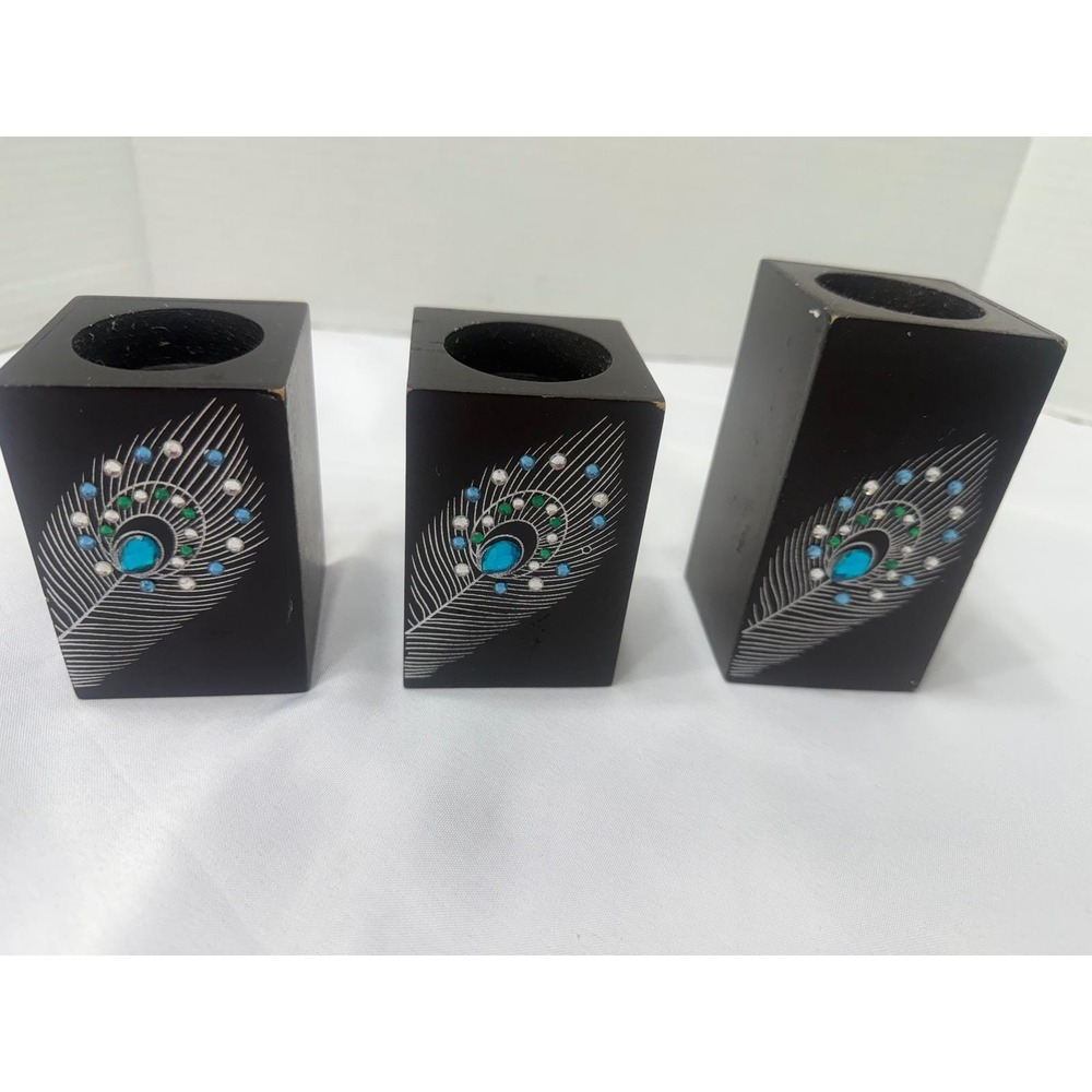 Set of 3 Black Wood Teal Turquoise Feather Candle Holders Holders